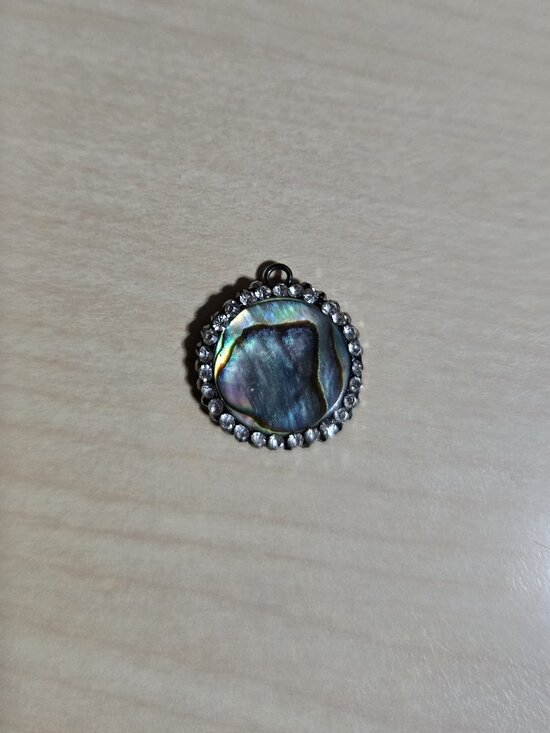 Estate Jewelry - Abalone Shell Pendant Inside A Silver Tone Frame With Crystals